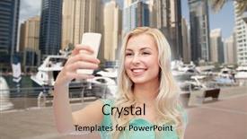  Presentation with young happy people smiling - Colorful slide set enhanced with boats in harbor in dubai backdrop and a  colored foreground