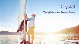  Presentation with morning sunrise - Amazing PPT layouts having boats sails - sunrise sailing man on boat backdrop and a sky blue colored foreground