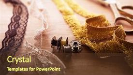  Presentation with sewing machine - Slide deck with bobbins and fringe or lace background and a tawny brown colored foreground