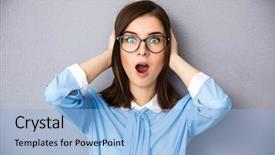  Presentation with praying hands on open bible - Presentation theme enhanced with boca - surprised businesswoman over gray background background and a light blue colored foreground