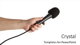  Presentation with microphone - Slides having wired body - close-up of a person's hand background and a white colored foreground