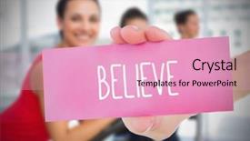  Presentation with believe - Amazing presentation design having body believers - woman holding pink card saying backdrop and a  colored foreground