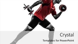  Presentation with one young man exercising handball - Colorful PPT theme enhanced with body builder - one caucasian man exercising weight backdrop and a light gray colored foreground