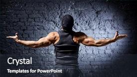  Presentation with stand strong - PPT theme consisting of body builder - young strong man backside view background and a tawny brown colored foreground