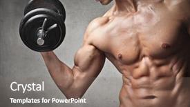  Presentation with lifting weights - Colorful presentation theme enhanced with body building - brawny bare-chested young man lifting backdrop and a gray colored foreground
