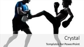  Presentation with body building - Audience pleasing theme consisting of body building - one caucasian couple man woman backdrop and a white colored foreground