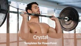  Presentation with body building - PPT layouts with body building - portrait of a muscular man background and a coral colored foreground