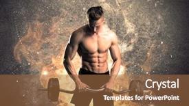  Presentation with building fire - PPT theme featuring body building - strong athletic guy looking seductive background and a coral colored foreground