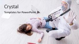  Presentation with crime scene - Presentation theme enhanced with body camera police - forensic investigator at the crime background and a white colored foreground