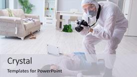  Presentation with crime scene - PPT layouts featuring body camera police - forensic investigator at the crime background and a light gray colored foreground