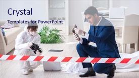  Presentation with crime scene - Audience pleasing slide set consisting of body camera police - forensics investigator at the scene backdrop and a sky blue colored foreground