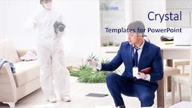  Presentation with crime scene - Cool new PPT theme with body camera police - forensics investigator at the scene backdrop and a sky blue colored foreground