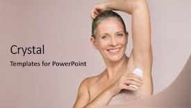  Presentation with empowered woman - Beautiful PPT theme featuring body cameras - smiling woman applying deodorant backdrop and a coral colored foreground