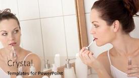  Presentation with lipstick - Presentation design consisting of body care series - young woman applying lipstick in the bathroom background and a soft green colored foreground