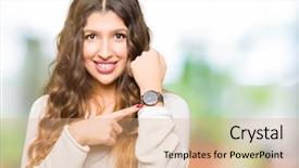  Presentation with upset - Audience pleasing PPT theme consisting of body clock - young beautiful woman wearing white backdrop and a  colored foreground