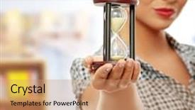  Presentation with time - Cool new PPT theme with body clock - young business woman with hourglass backdrop and a coral colored foreground