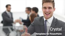  Presentation with thumbs up - PPT theme featuring body coordination - portrait of happy energetic businessman background and a dark gray colored foreground