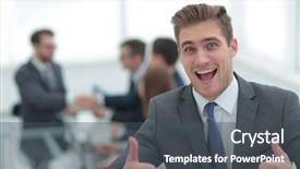  Presentation with body - Presentation design featuring body coordination - portrait of happy energetic businessman background and a dark gray colored foreground