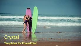  Presentation with surfing - PPT theme consisting of body coordination - surfer couple on the beach background and a tawny brown colored foreground