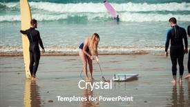  Presentation with surfing - Beautiful theme featuring body coordination - surfer friends on a beach backdrop and a gray colored foreground