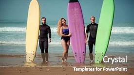  Presentation with surfing - Slides enhanced with body coordination - surfer friends on a beach background and a violet colored foreground