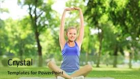  Presentation with sportswear - PPT theme enhanced with body excercise - female in sportswear stretching arms background and a yellow colored foreground