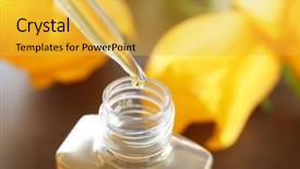  Presentation with essential oil - Amazing PPT layouts having body fluid - perfume bottle and pipette backdrop and a yellow colored foreground