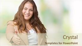  Presentation with friendly - Slide deck having body greetings - beautiful plus size young woman background and a soft green colored foreground