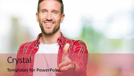  Presentation with business casual - Presentation enhanced with body greetings - handsome man wearing casual shirt background and a coral colored foreground