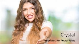  Presentation with business casual - Slide set featuring body greetings - young beautiful woman wearing casual background and a  colored foreground