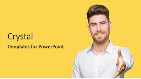  Presentation with young business woman smile show - Presentation featuring body greetings - young handsome business man smiling background and a yellow colored foreground