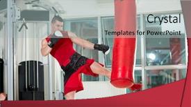  Presentation with bag - Slide set consisting of body guard - fighter practicing some kicks background and a light blue colored foreground