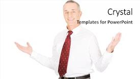  Presentation with undecided - Colorful slide set enhanced with body language - businessman with hands open backdrop and a sky blue colored foreground
