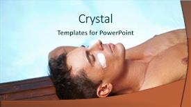  Presentation with sunscreen - Beautiful presentation theme featuring body lotion - attractive man sunbathing with sunscreen backdrop and a cool aqua colored foreground