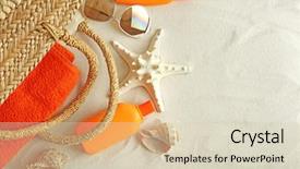  Presentation with accessories - Beautiful slides featuring body lotion - beach accessories on sand backdrop and a soft green colored foreground