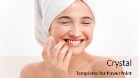  Presentation with face scrub cream - Presentation theme featuring body lotion - cheerful attractive young woman background and a coral colored foreground