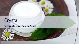  Presentation with lotion - Colorful presentation design enhanced with body lotion - container with cream urtica backdrop and a sky blue colored foreground