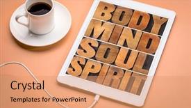  Presentation with body soul spirit - PPT theme featuring body mind soul and spirit background and a coral colored foreground
