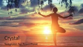  Presentation with sunset beach - Presentation theme featuring body mind spirit - young yoga girl practicing background and a  colored foreground
