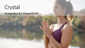  Presentation with fall lake - PPT theme consisting of body mind spirit soul - stunning brunette practicing yoga outdoors background and a white colored foreground