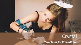  Presentation with hair salon scissors in black - Presentation design consisting of body modification - beautiful young girl master correct background and a tawny brown colored foreground