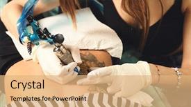  Presentation with decision making manufacturing process - PPT theme featuring body modification - master tattooer showing process background and a coral colored foreground