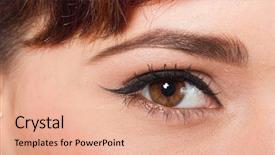  Presentation with eye - Colorful PPT layouts enhanced with body parts - macro beautiful female eye backdrop and a coral colored foreground