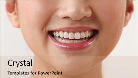  Presentation with happy smiling woman dental health - Amazing PPT layouts having body parts - young woman smiling backdrop and a coral colored foreground