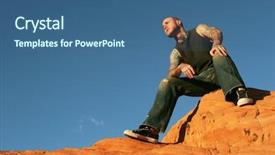  Presentation with 3d man sitting question mark - Slide deck with body piercings - tattoo man sitting on red background and a  colored foreground