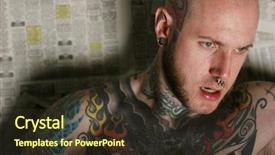  Presentation with woman covering man mouth hand - Slide set consisting of body piercings - young man covered in tattoos background and a  colored foreground
