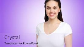  Presentation with ultra - Colorful presentation design enhanced with body positive and people concept - happy woman in white t-shirt over ultra violet background backdrop and a light blue colored foreground