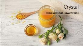  Presentation with honey - Audience pleasing presentation consisting of body scrub and honey on wooden table backdrop and a lemonade colored foreground