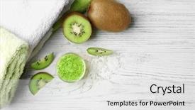 Presentation with kiwi - PPT layouts consisting of body scrub and kiwi on wooden background background and a white colored foreground