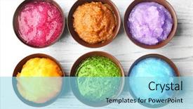  Presentation with scrubs - Colorful PPT layouts enhanced with body scrubs on wooden background backdrop and a arctic colored foreground